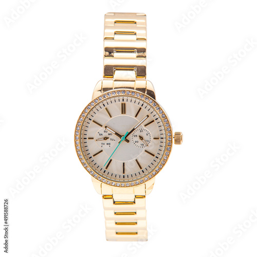 Wrist watch is gold and white color on white background.