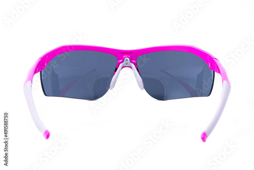 Fashion sunglasses pink frames on white background. photo