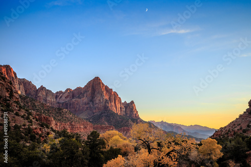 Autumn Sunset on the Watchman and River, Zion National Park, Utah