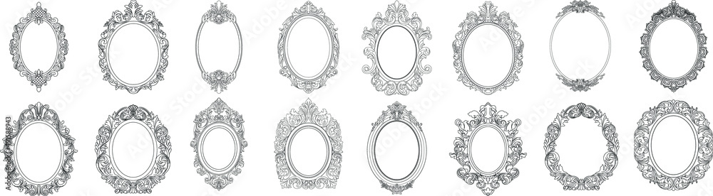 Set of black oval vintage frames, design elements. Vector. - obrazy, fototapety, plakaty 