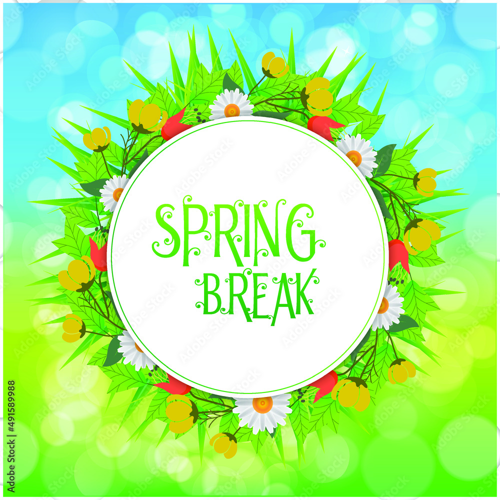 Spring Time in a White Circle with Wreath of Colorful Flowers, Vines and Leaves with in Green Background.
Spring Time in a White Circle with Wreath of Colorful Flowers, Vines and Leaves with in Green Background.