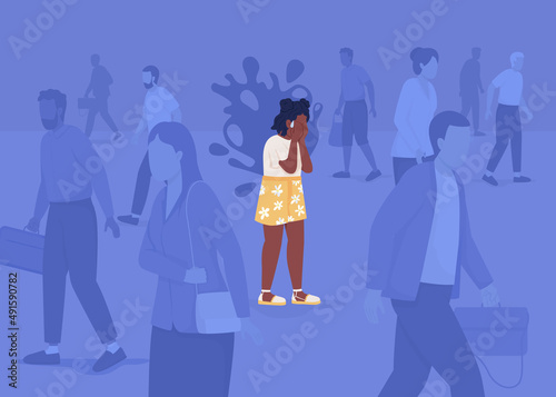 Panic attack in overcrowded place flat color vector illustration. Anxiety disorder. Mental health. Girl experiences fear and stress 2D simple cartoon characters with strangers on background