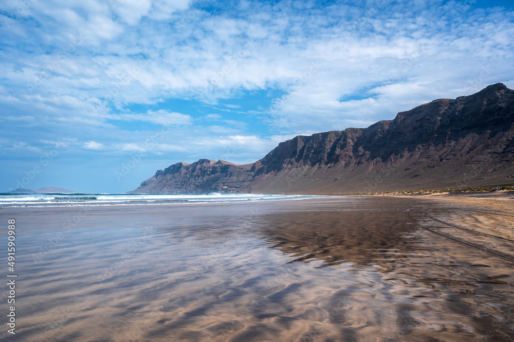 Famara beach surf spot landscape view, Lanzarote, Canary Islands, Spain