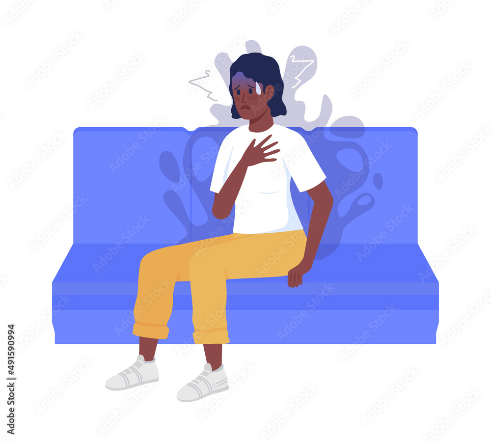 Lady having panic attack semi flat color vector character. Sitting figure. Full body person on white. Feel anxious and stressed simple cartoon style illustration for web graphic design and animation