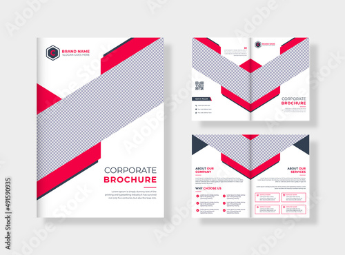 Modern corporate business bifold business proposal brochure design template with creative shape. 
