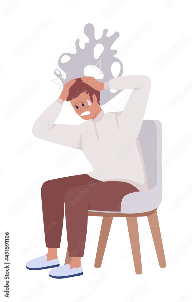 Panic attack episode semi flat color vector character. Sitting figure. Full body person on white. Intense fear simple cartoon style illustration for web graphic design and animation