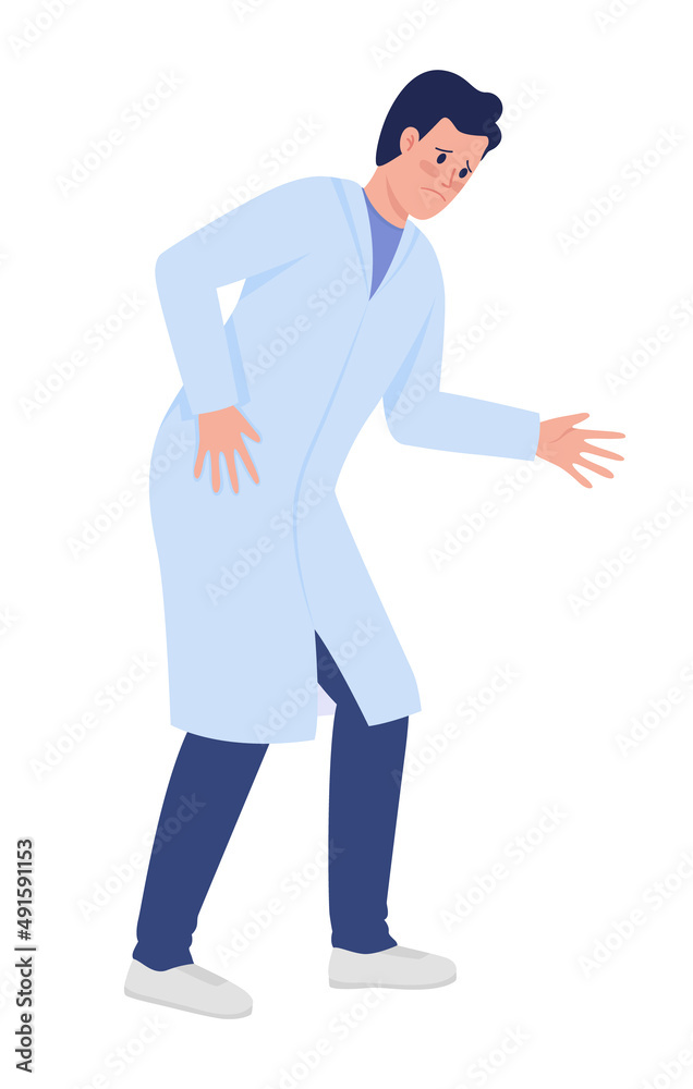 Worried doctor semi flat color vector character. Posing figure. Full body person on white. Upset and anxious physician simple cartoon style illustration for web graphic design and animation