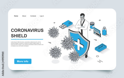 Stop coronavirus concept in 3d isometric landing page outline design. Medic protects health from virus, caution and prevention measures, disease treatment, line web template. Vector illustration.
