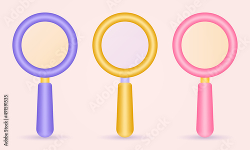 Magnify 3d icon set. Magnifying glass or loupe sign. Search, find symbol. Vector illustration.