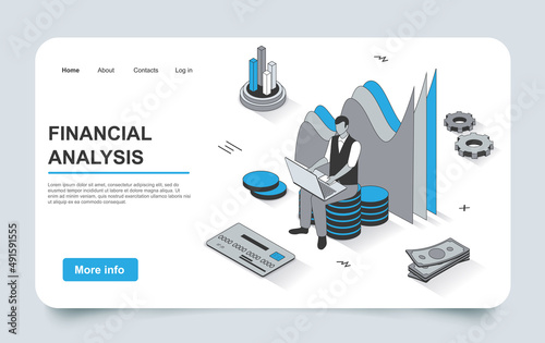 Finance concept in 3d isometric landing page outline design. Man analyzes financial statistics, invests money, increases profit, auditing and accounting, line web template. Vector illustration.