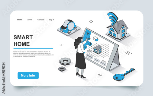 Smart home concept in 3d isometric landing page outline design. Woman controls sensors in house using computer, systems monitoring, security and automation, line web template. Vector illustration.