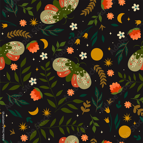 Seamless pattern with moths and flowers. Vector graphics.