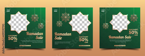 Set of Ramadan sale social media post template design. Green background with Islamic pattern and place for the photo. Usable for social media post, card, banner, and web.