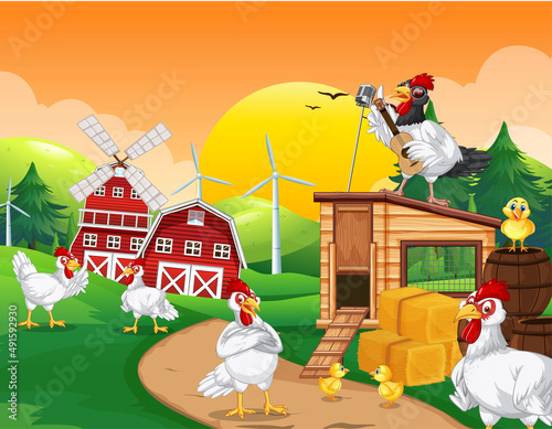 Farm scene with cartoon chickens and chicks