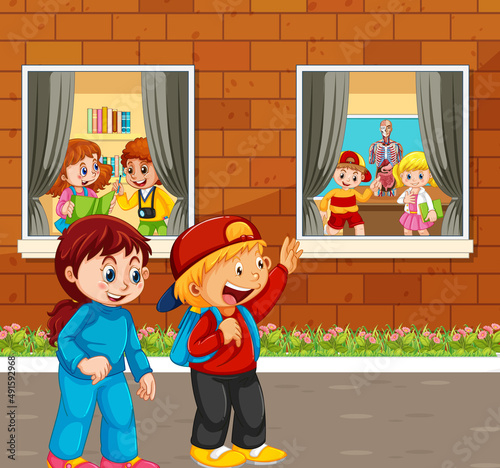 Outdoor scene with people in cartoon style