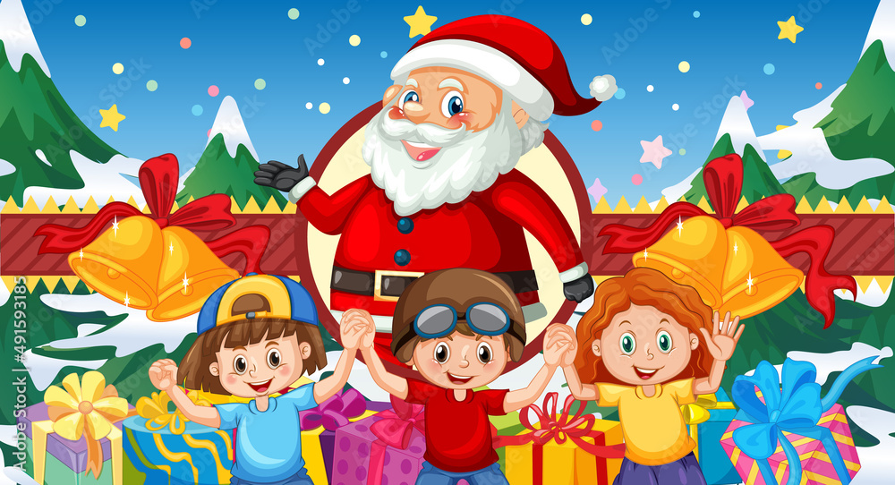 Christmas poster design with Santa Claus and children