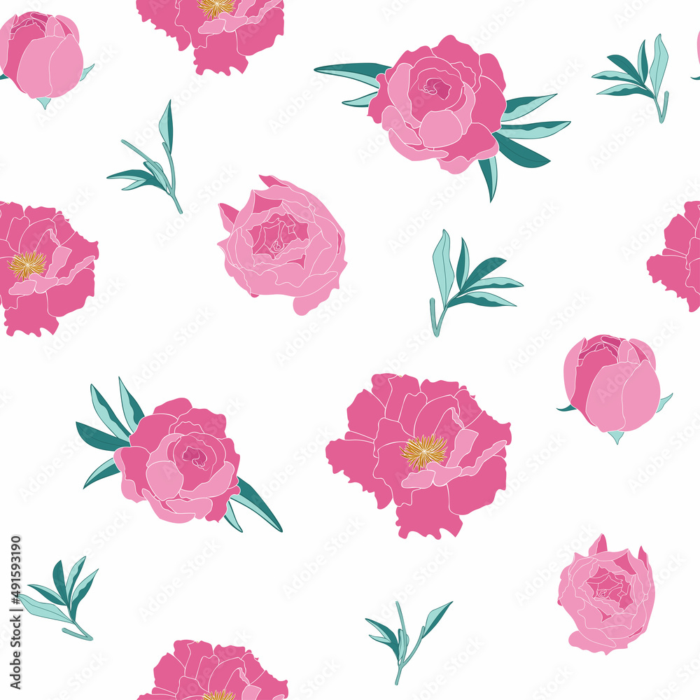 Hand drawn peonies with green leaves seamless pattern isolated on white background. Vector illustration for textile, fabric, invitation and more.