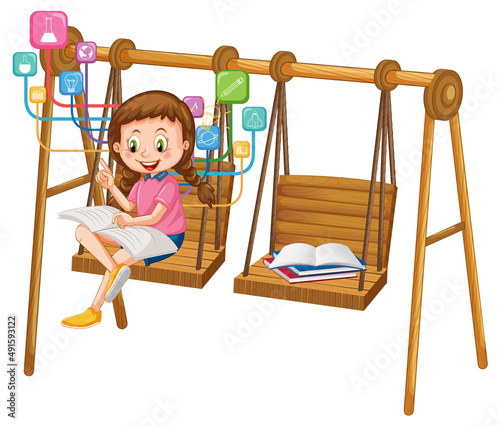 A girl reading books on white background