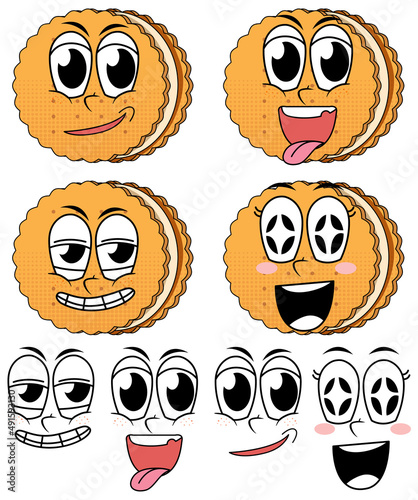 Set of facial expression vintage style cartoon with cracker on white background