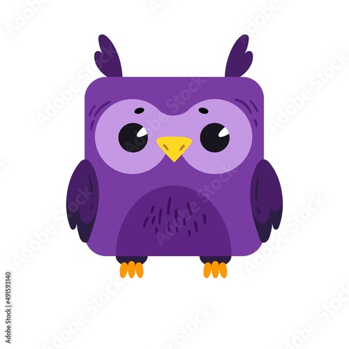 A cartoon cute owl in a square shape. Square icon for apps or games. Vector illustration isolated on white background