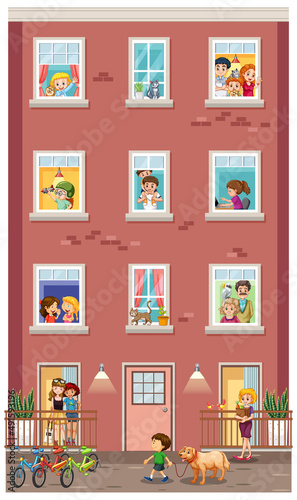 Apartment windows with neighbors cartoon character