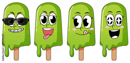 Set of facial expression vintage style icecream cartoon on white background