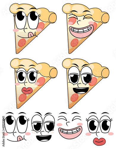 Set of facial expression vintage style cartoon with pizza on white background