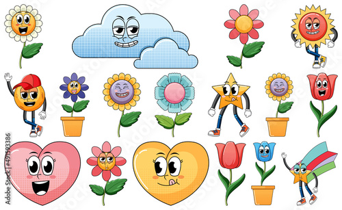 Set of facial expression with vintage style food cartoon on white background