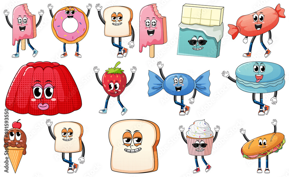 Set of facial expression with vintage style food cartoon on white background