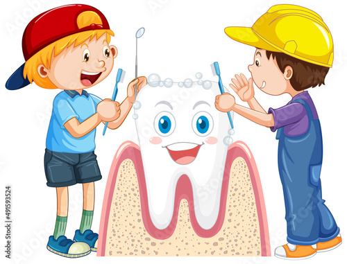 Happy kids brushing a big tooth with a toothbrush on white background