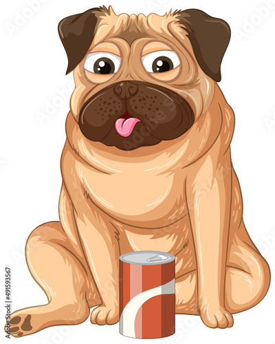 A Happy dog drinking cola on white background