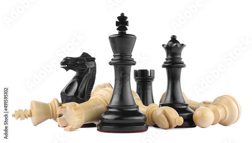 Many different chess pieces on white background