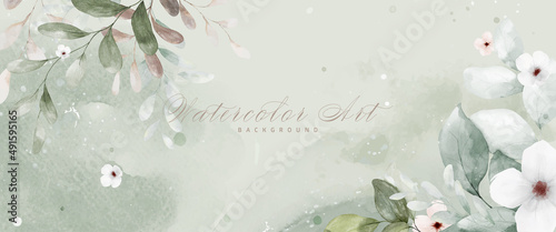 Abstract art watercolor flowers painting for green background