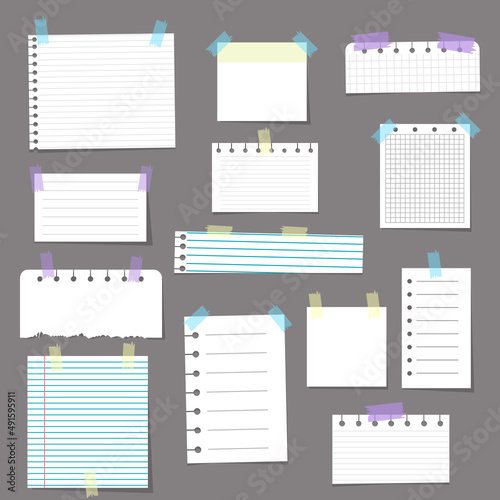 Paper notes on stickers, notepads and memo messages torn paper sheets. Vector