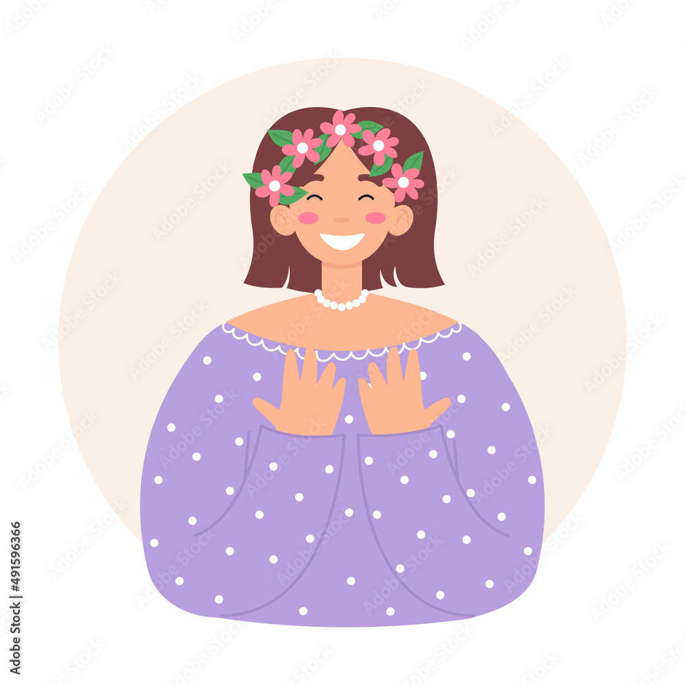 Happy girl with flower wreath smiling. Concept of the Womens Day. Cute flat vector illustration isolated on white background Happy girl with flower wreath smiling. Concept of the Womens Day. Cute flat vector illustration isolated on white background
