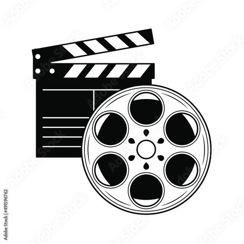 Abstract Black Simple Line Clapperboard And Film Reel Movie Cinema Film Video Doodle Outline Element Vector Design Style Sketch Isolated Illustration