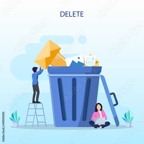 Delete concept. deleting data and move unnecessary files to the trash bin. illustration vector