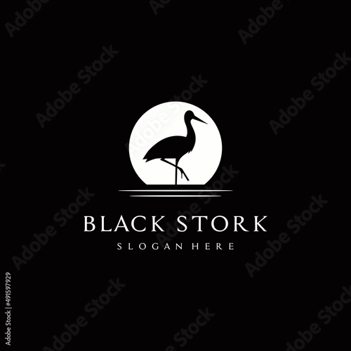 Silhouette of stork logo on isolated black background, heron logo in the sea