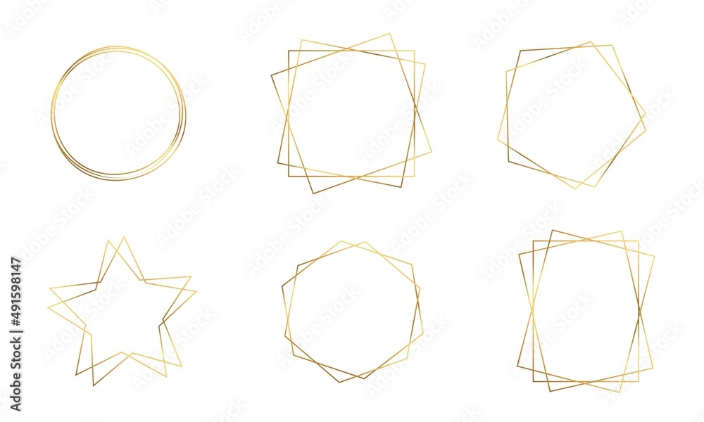 Gold geometric frames on white background, set of vector gold borders, wedding invitation and cards elements, abstract geometric shapes