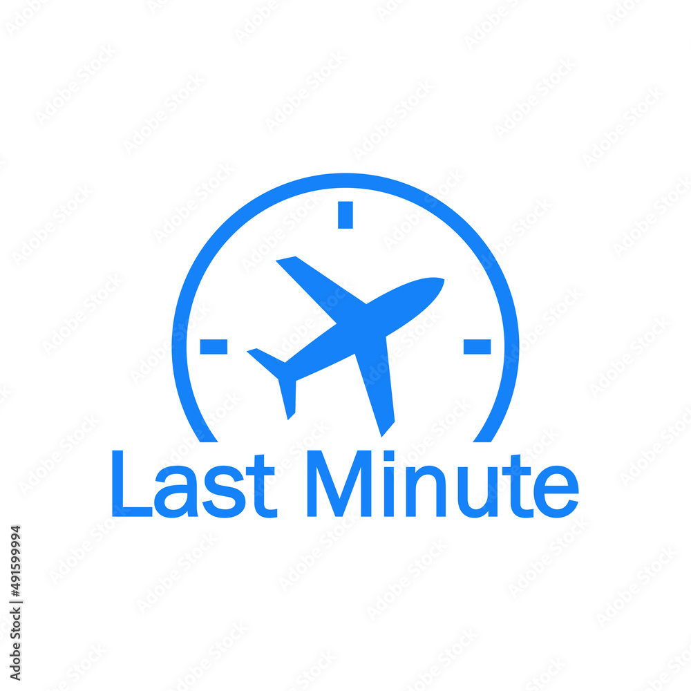 Logotipo con texto Last Minute y silueta de avión en esfera de reloj simple en color azul