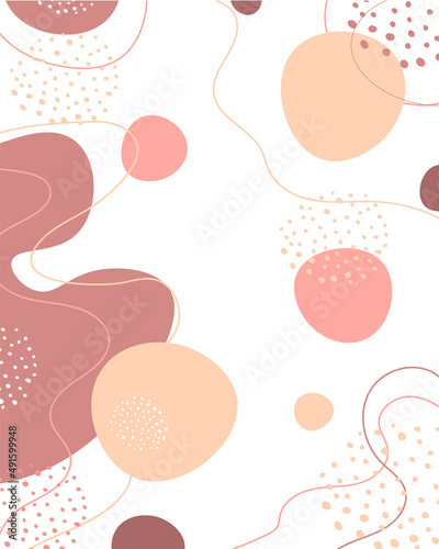 Abstract minimalism style background for copy space. Template for a menu, price list, checklist, brochure, notepad. Circles, lines, dots minimalism in pink beige colors on white background