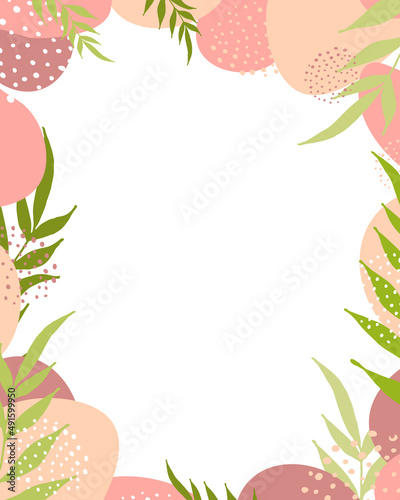  Abstract minimalism style background for copy space. Template for a menu, price list, checklist, brochure, notepad. Circles, leaves, dots minimalism in pink beige colors on white background. 