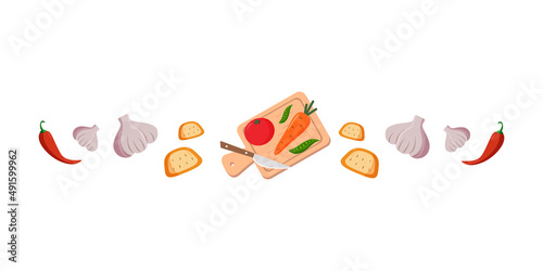 Flat illustration of fresh vegetables on a cutting board.Vector tomatoes, carrots, green peas, a knife, garlic,red pepper, bread. Fresh vegetables on a white background. Healthy food