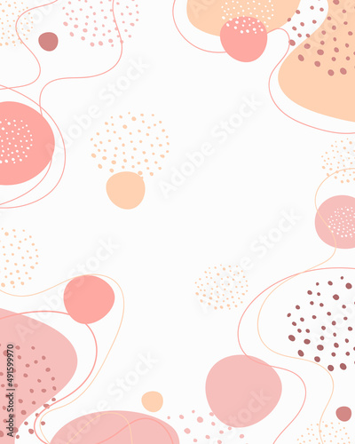 Abstract minimalism style background for copy space. Template for a menu, price list, checklist, brochure, notepad. Circles, lines, dots minimalism in pink beige colors on white background