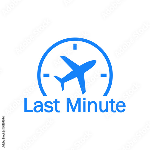 Logotipo con texto Last Minute y silueta de avión en esfera de reloj simple en color azul