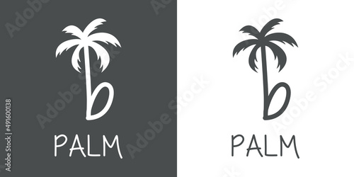 Logotipo texto Palm con letra b en tipografía con forma de silueta de palmera en fondo gris y fondo blanco