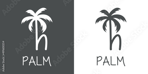Logotipo texto Palm con letra h en tipografía con forma de silueta de palmera en fondo gris y fondo blanco