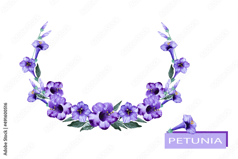 Purple petunia flowers, isolated on white background. Floral wreath. Watercolor illustration. Copy space. - obrazy, fototapety, plakaty 