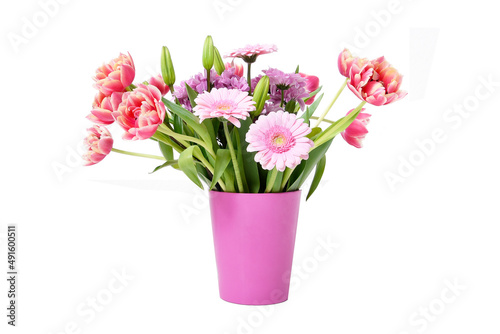 Fototapeta Naklejka Na Ścianę i Meble -  Composition with beautiful blooming Tulips and Barberton Daisy (Gerbera jamesonii) flowers on white background , pink colors