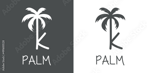 Logotipo texto Palm con letra k en tipografía con forma de silueta de palmera en fondo gris y fondo blanco